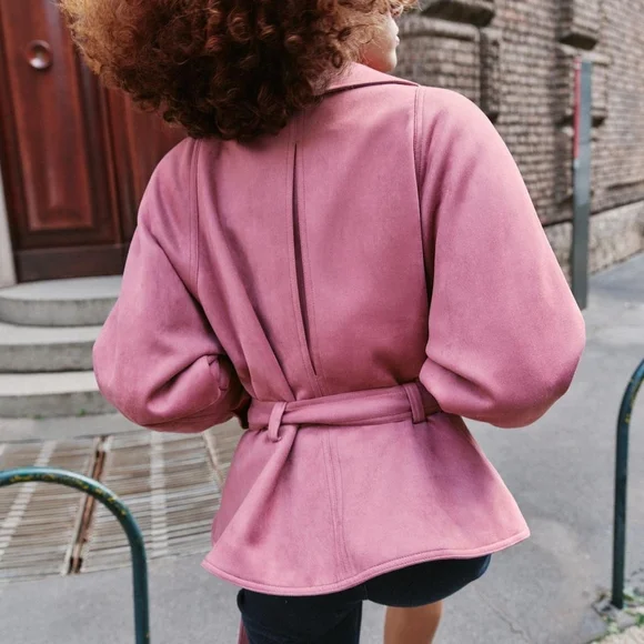 Zara Set Faux Suede Belted Jacket L+ Pencil Midi Skirt XL Lilac - Picture 9 of 12